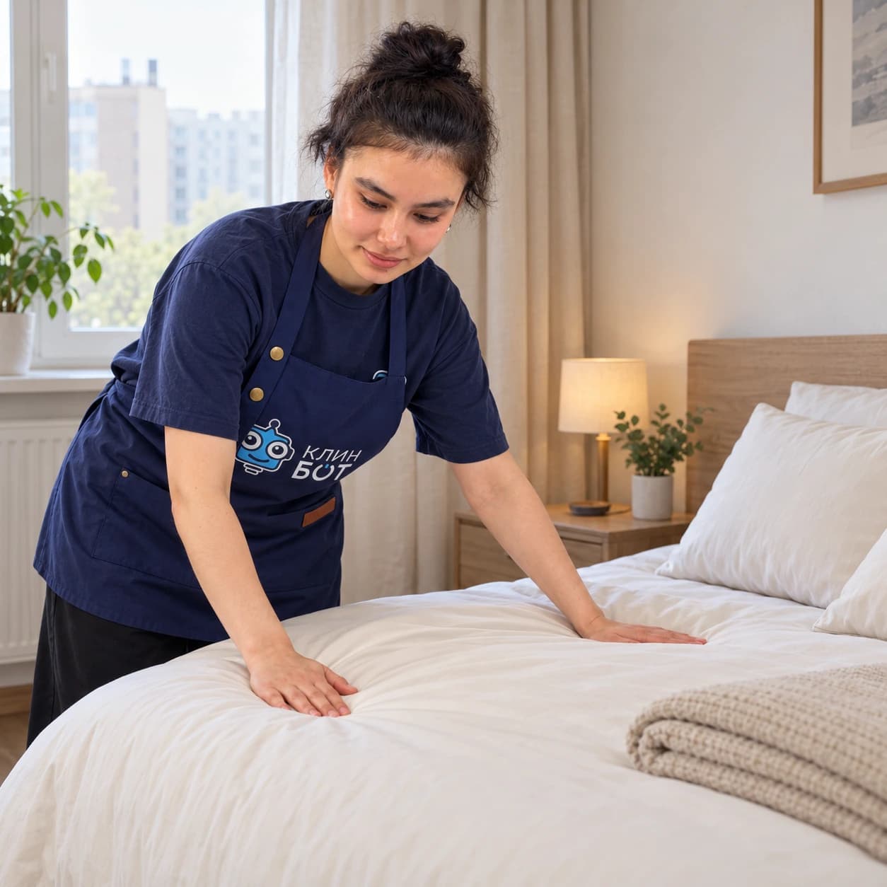Клинер Клин Бот застилает кровать для гостей в московской квартире